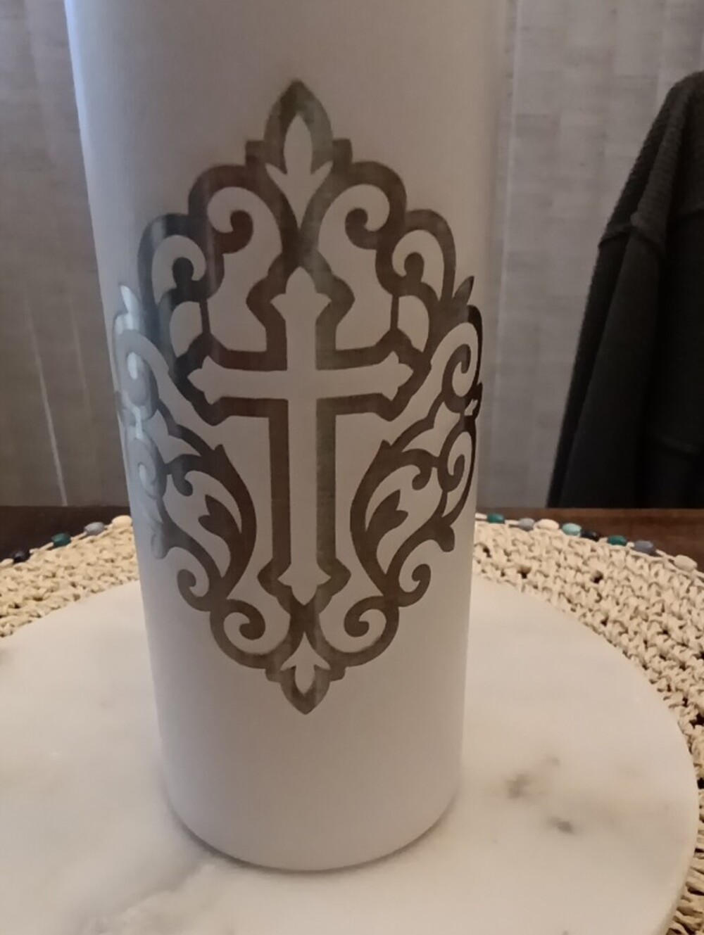 Engraved By Us Bluemoon. Matte White Stainless Travel Tumbler w Silver Cross. - Picture 5 of 5